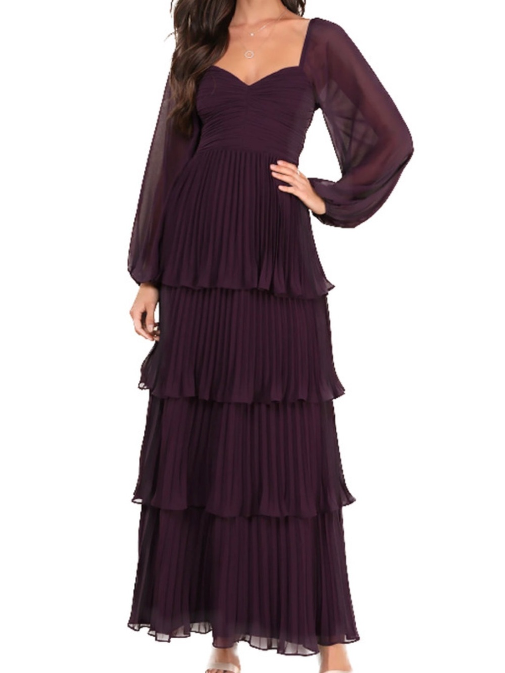 Lulu's Deep Plum Chiffon Long Sleeve Maxi Dress